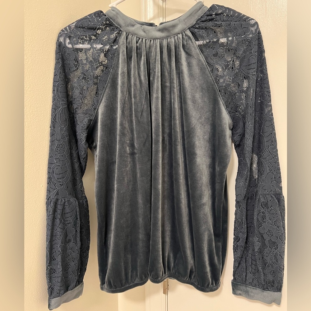 Chic Velvet Lace Sleeve Blouse in Blue